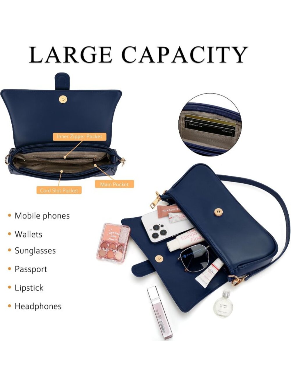 〽️Women's Dark Blue Small Hobo Vegan Leather Retro Zipper Clutch Crossbody Bags - Picture 4 of 6
